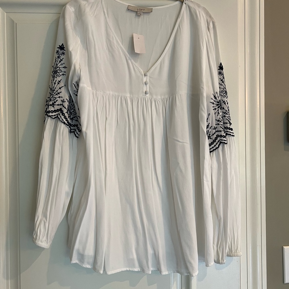 LOFT White and Blue Embellished Long Sleeve Blouse